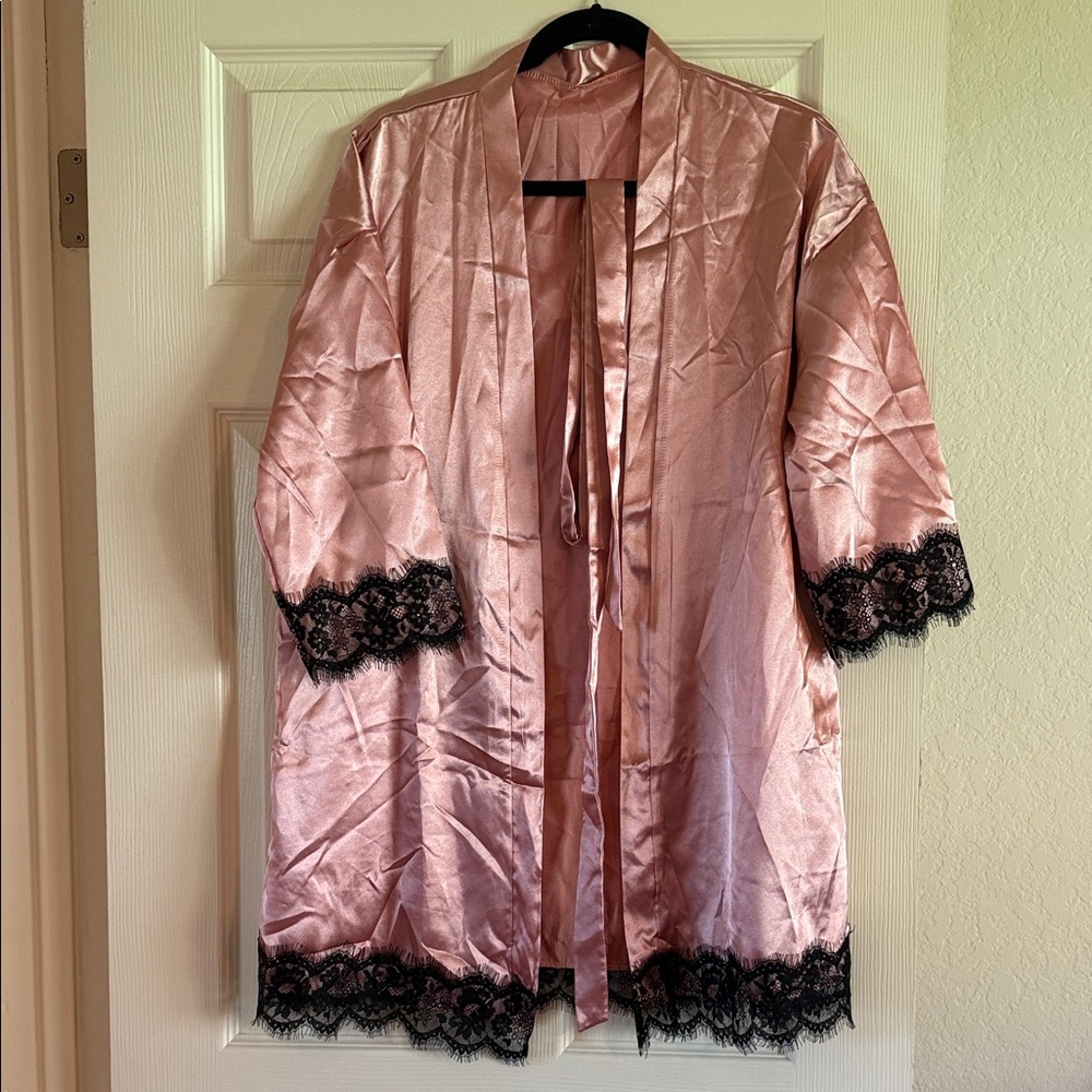Elegant Pink Satin Robe with Black Lace Trim